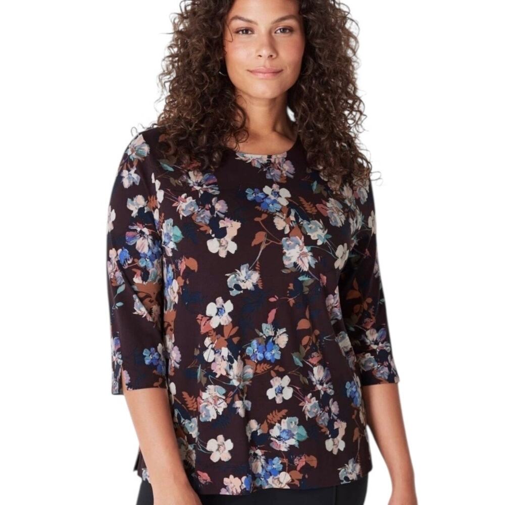J. Jill Wearever Brown Blue Floral 3/4 Sleeve Tee Sz XLp Casual Office Work Wear